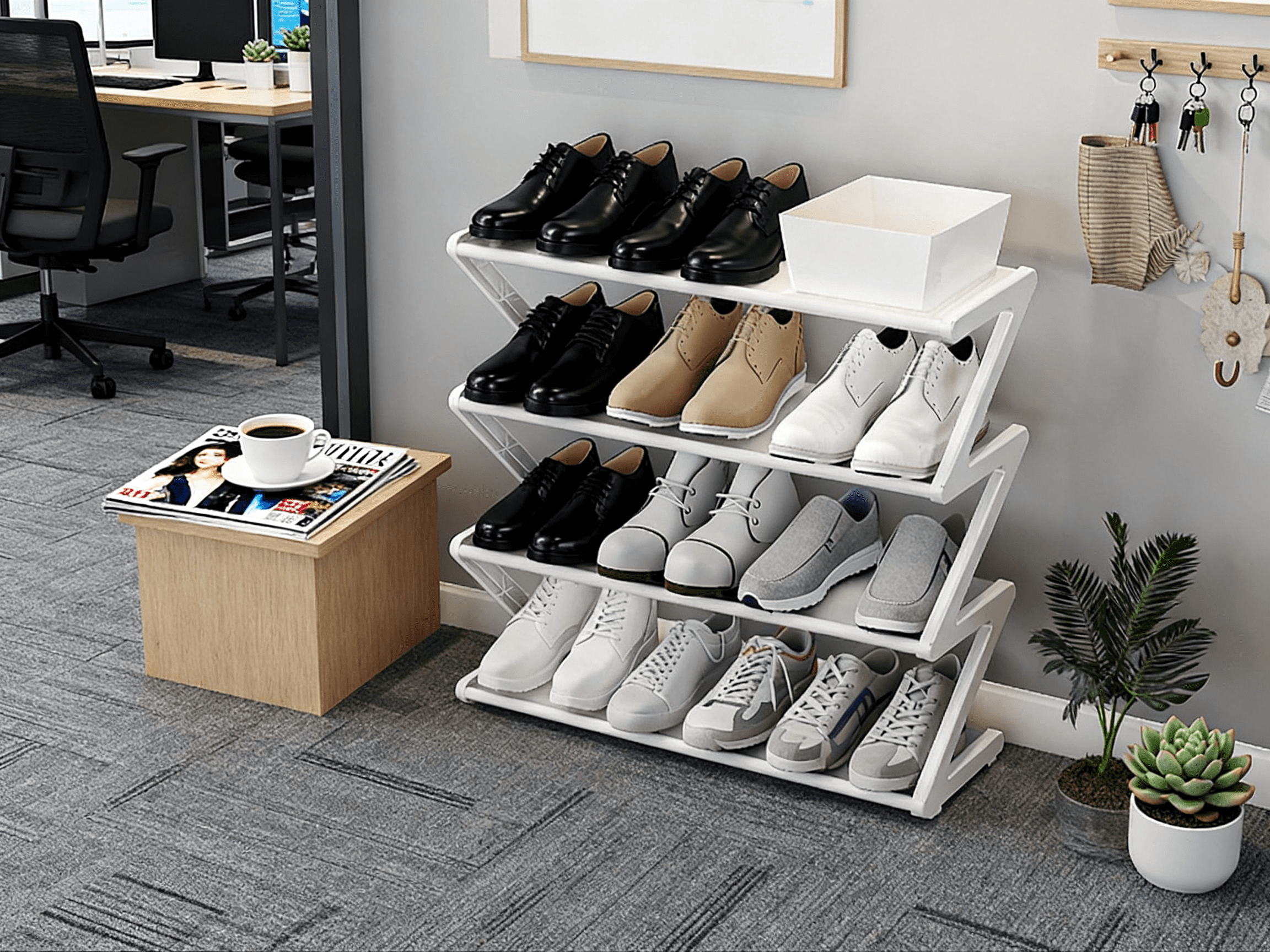 multifunctional shoe storage rack with Z-shaped layered design for dorms and home organization durable polyester construction non- and absorbent features versatile living space organizer