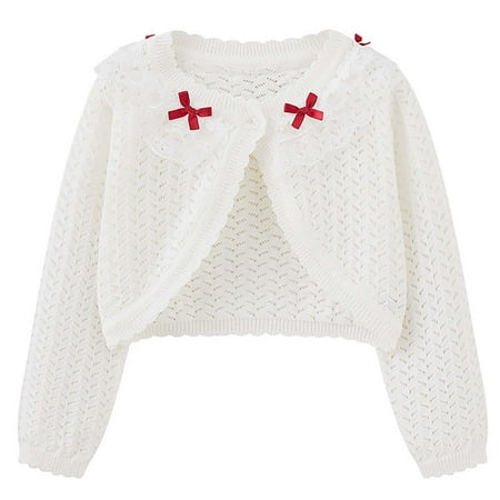 

HAOTAGS Little Girls Crew Neck Long Sleeve Cotton Cardigan with Cute Bowknot Toddler Cover Up Tops Red Size 3-4 Years