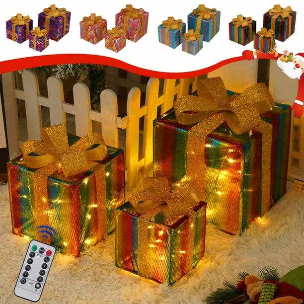 Juego de 3 Cajas de Luz Led Navideñas: Cajas de Regalo con Control Remoto y Luces Multicolor para Decoración Navideña En Interiores y Exteriores.