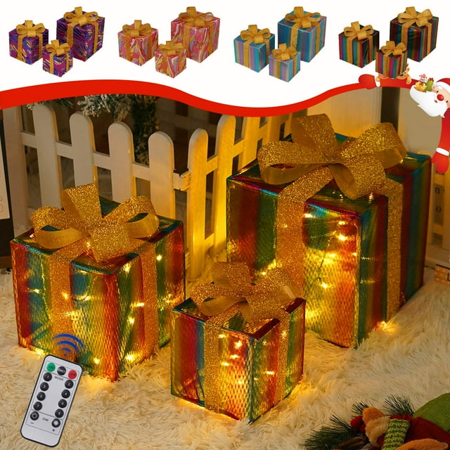 LED Christmas Light Gift Boxes Set of 3 Multicolor PVC Decoration with Remote Control Indoor Outdoor 15.5cm-25.5cm Holiday Party Patio Yard Display