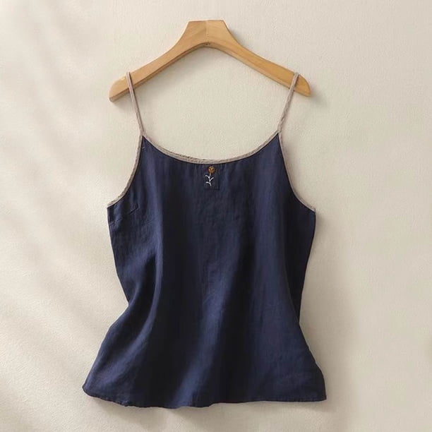 Puntoco Camisetas sin mangas ajustadas para mujer, blusa informal de verano a la moda, cómoda, holgada, con cuello redondo, sin mangas y de lino