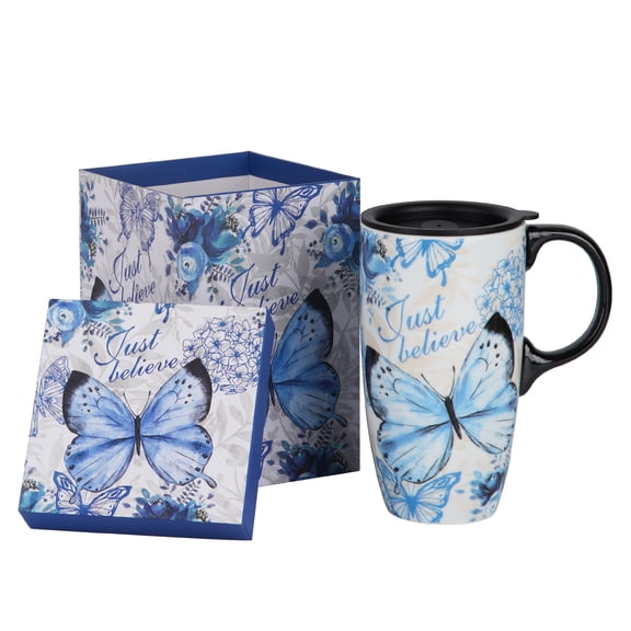 Ceramic Travel Mug with Color Gift Box,Coffee Cup 17 Oz.,Butterfly