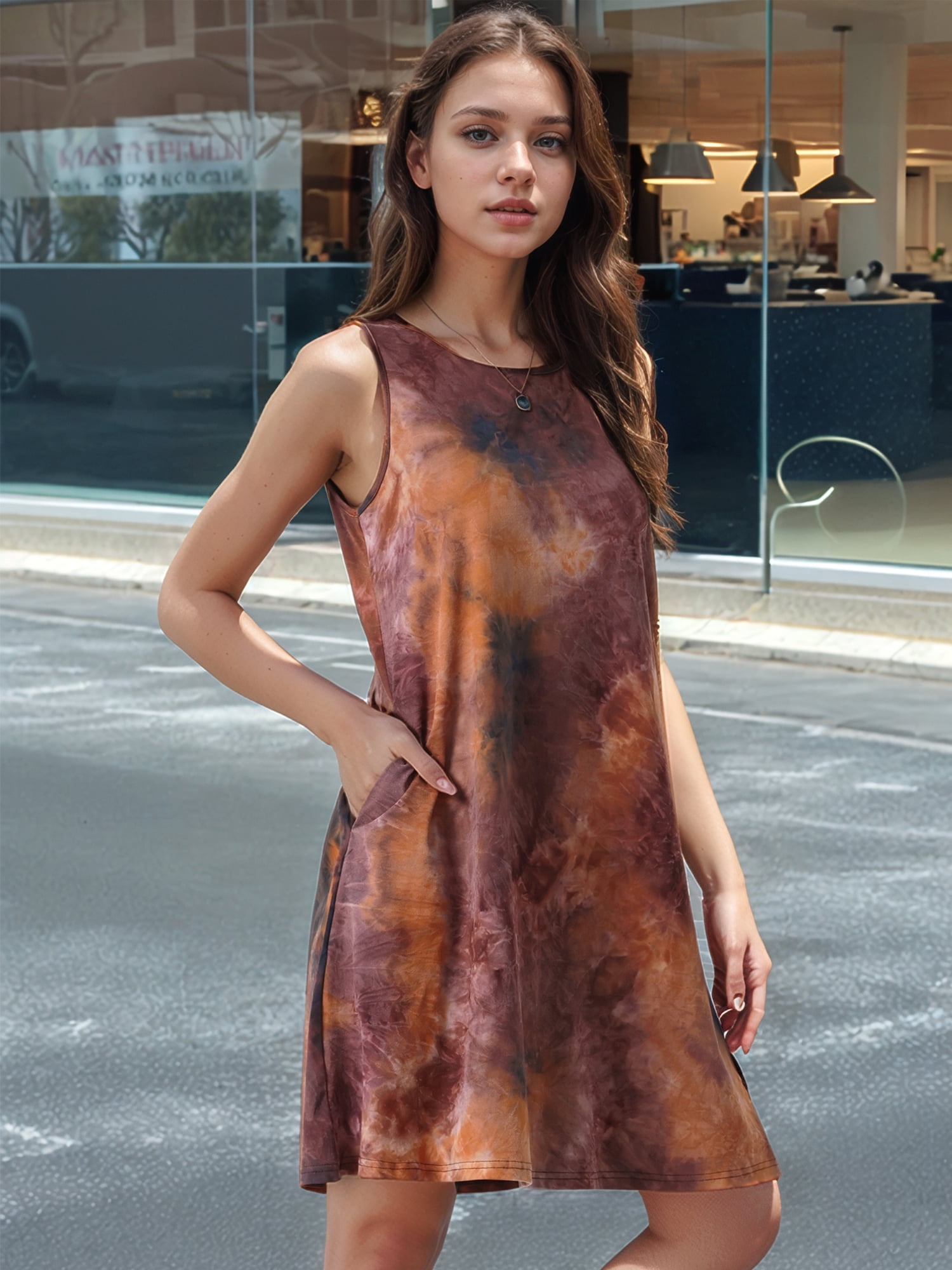 DARING DIVA Tie Dye Tank Dress Sleeveless Pockets Dress L Orange