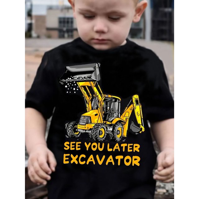 Kids Excavator Cartoon T-Shirt - Bright Yellow, Comfortable Crew Neck Short Sleeve for Boys & Girls, Spring/Summer/Fall Casual Top with Applique Detail, Summer Top|Casual |Semitransparent Shirt