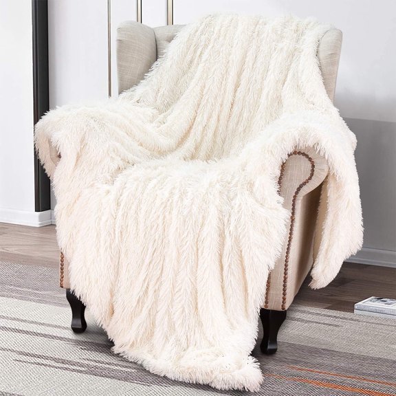 BOPORO Extra Soft Faux Fur Throw Blanket with Sherpa Warm Underside, 60"x80" , Cream White