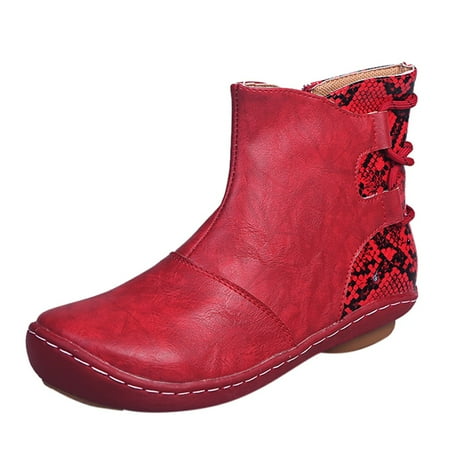 

BELLZELY Womens Shoes Wide Width Clearance Retro Women Leather Flat Lace-Up Serpentine Print Short Booties Round Toe Shoes