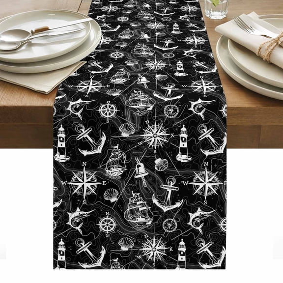 Nautical Black Table Runner - 60 Inch Long, Kitchen Dining Table Runner Dresser Scarves, Retro Sailing Boat Map Anchor Rudder Farmhouse Decor for Coffee Tables Wedding Party Banquet