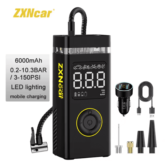 Open Box ZXNCAR RECHARGEABLE AIR PUMP TIRE INFLATOR PORTABLE COMPRESSOR DIGITAL - BLACK