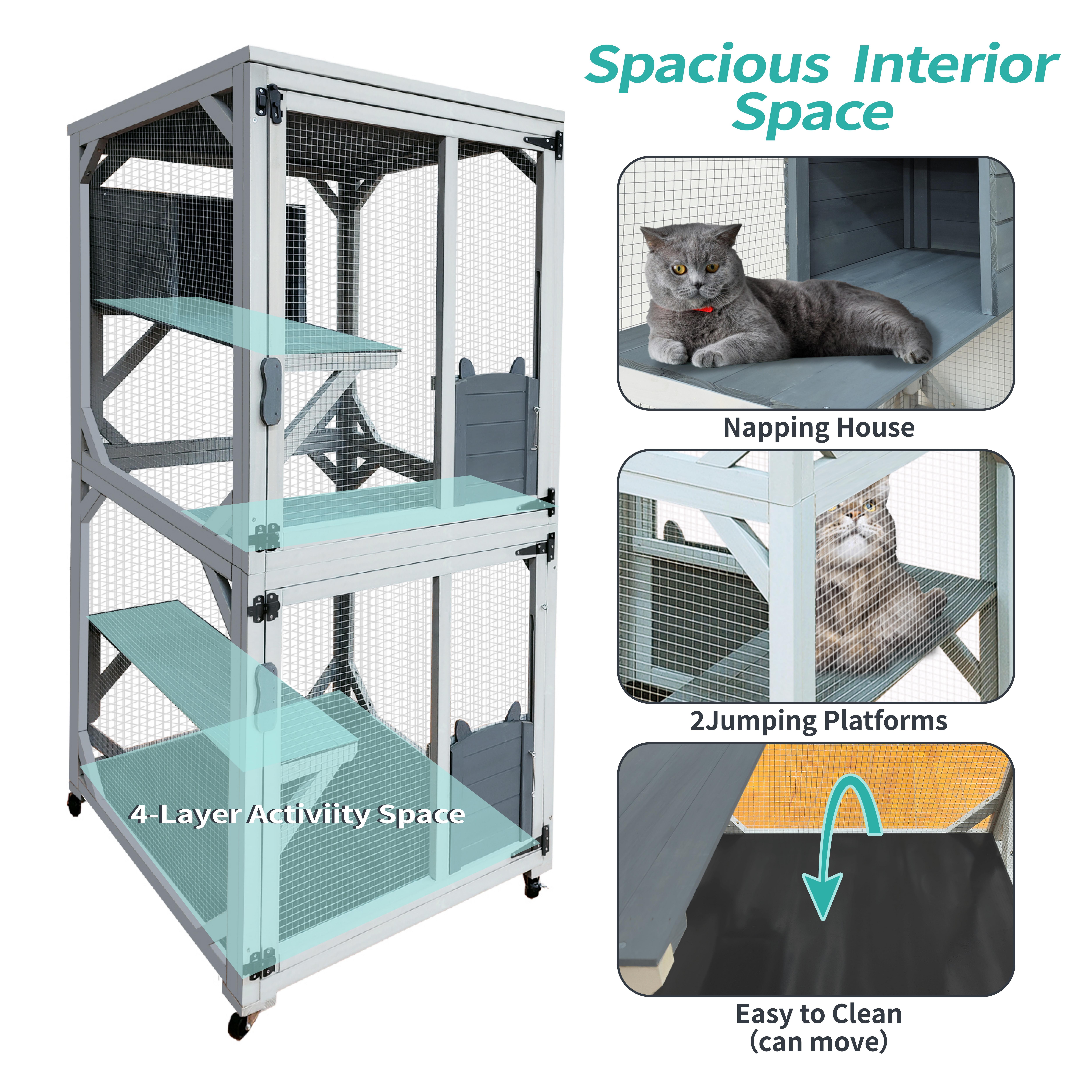 Catio, 2-Tier Outdoor Cat Enclosure, Wooden Cat House for Outside Indoor Kitty Cage on Wheels, All-weather Waterproof Top, Resting Box and Jump Platform, 71''H