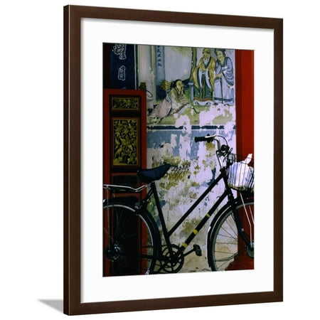 Bicycle Against Muralled Wall of Chinese Temple at Marudi, Sarawak, Malaysia Framed Print Wall Art By Mark