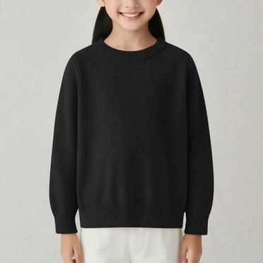 Lopecy-Sta Kids Solid Color Crewneck Sweater, 12M-7Y Boys Girls Cotton Knit Pullover, Toddler Warm Base Layer Top for Autumn Winter Black