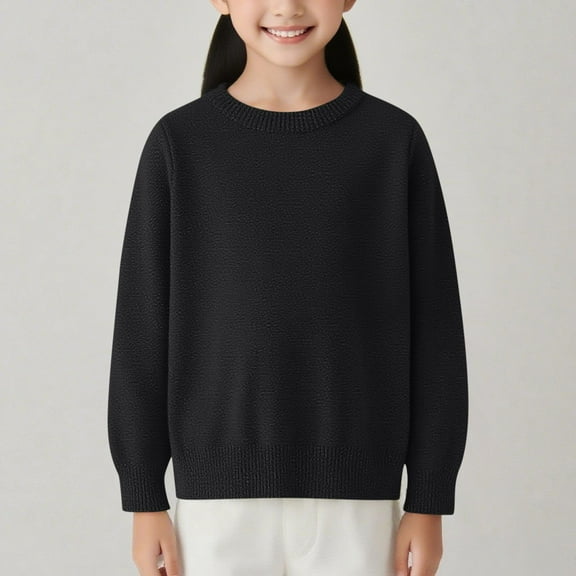 Lopecy-Sta Kids Solid Color Crewneck Sweater, 12M-7Y Boys Girls Cotton Knit Pullover, Toddler Warm Base Layer Top for Autumn Winter Black