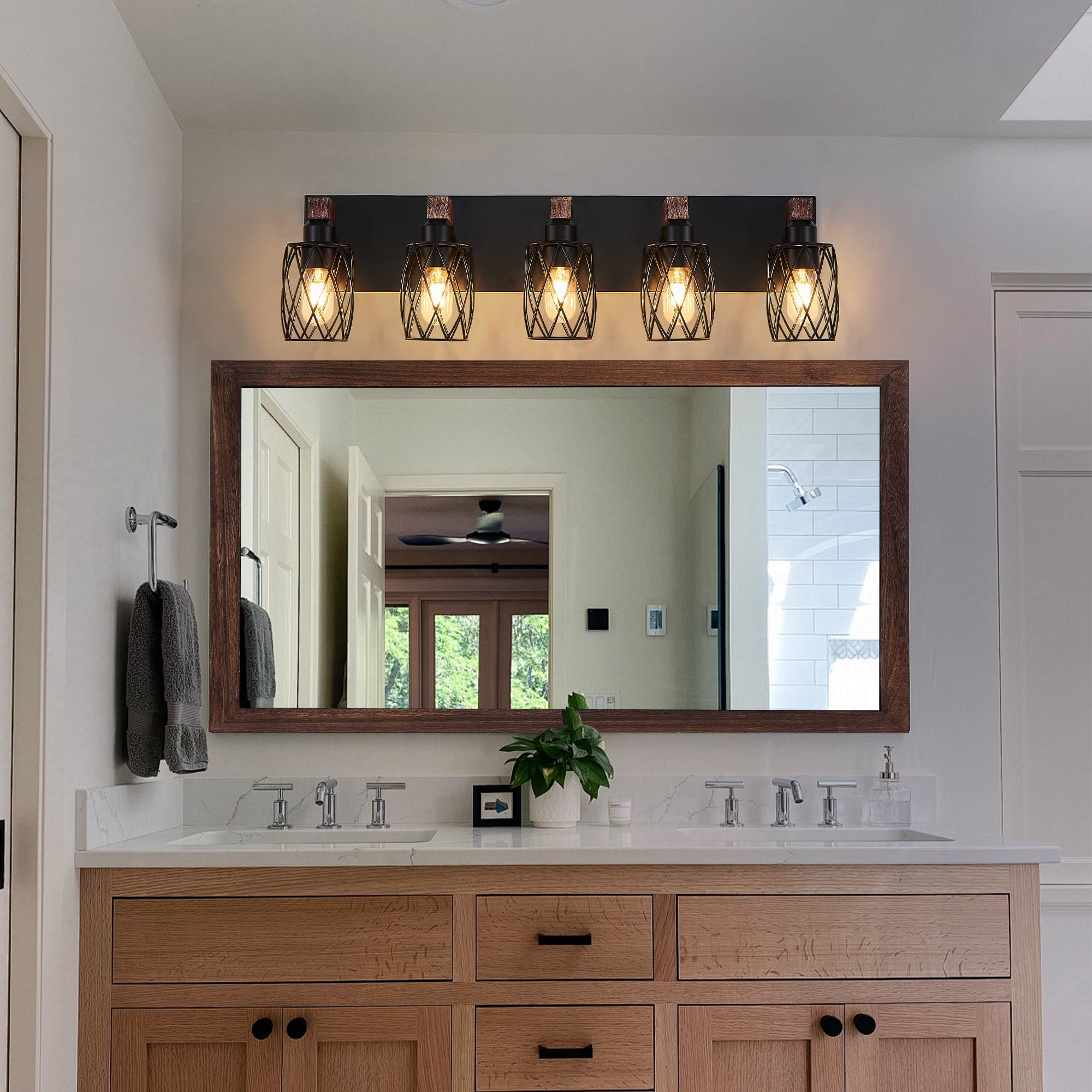 Miniyam 31 in. W 5 Lights Vanity Light Industrial Walnut Black Wall Sconce Black Cage Lighting Fixture for Bathroom Over Mirror, E26, No Bulbs Included