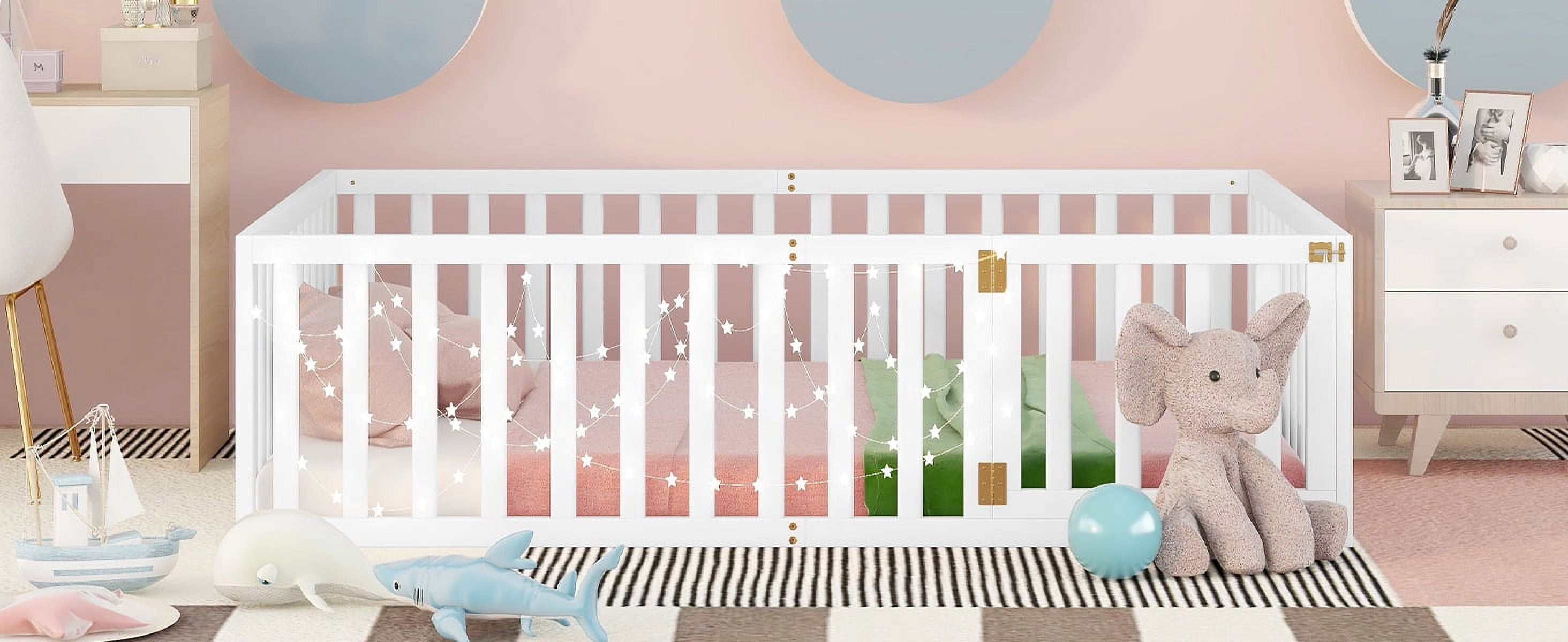 Mintazer Full Floor Bed with Guardrails & Hinged Gate Door, Montessori Toddler Floor Bed Frame for Kids, White