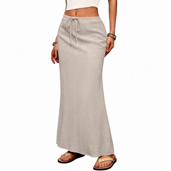 Linen Flared Maxi Skirt with Back Slit - Elastic Waist Drawstring Long Flowy Ankle-Length Skirt
