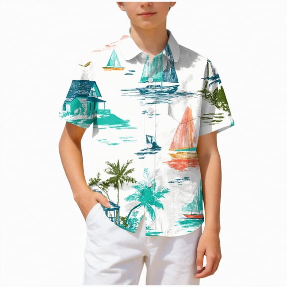 KPOPLK Boys Hawaiian Shirt Kids Short Sleeve Button Down Shirts Tropical Summer Beach Shirts Camp Collar Tops with Pocket Size 5-6 Years,Mint Green