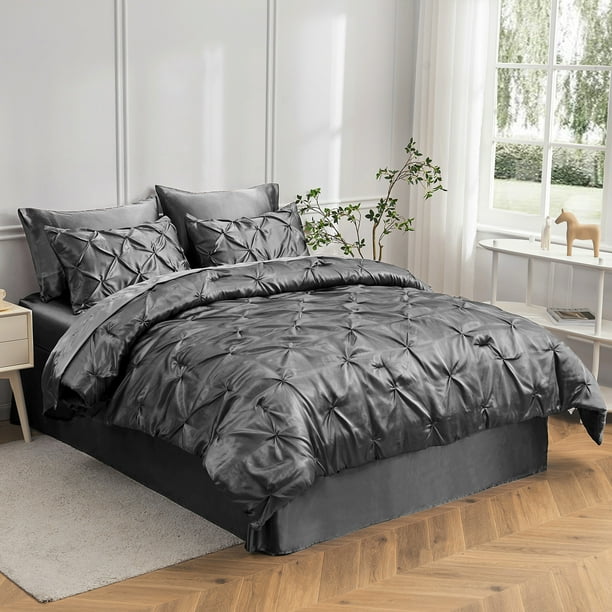 MR&HM Satin Comforter King 8 Pieces Luxurious Pinch Pleat Bedding Set