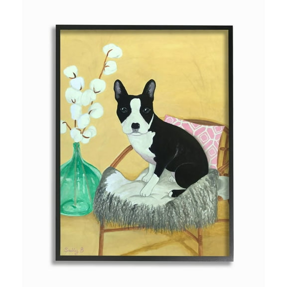 Stupell Industries Dog On Chair Yellow Green Pet Painting Black Framed Art Print Wall Art, 16x20, by Sally B