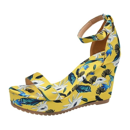 

Mackneog Summer Women s Buckle Strap Flowers Printing Wedges Weave Beach Open Toe Breathable Sandals Shoes Gift on Clearance