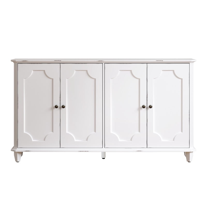 Distressed Farmhouse Buffet Sideboard Cabinet, 4 Embossed-Door Storage Cupboard, Versatile Cabinet with Adjustable Shelf