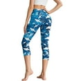 thumbnail image 2 of SCRAWLGOD Shark Print Tie Dye Blue Women's Capri Leggings with Pockets High Waist Tummy Control Crop 3/4 Leggings Slim Breathable Stretch Athletic Cropped Tights, S, 2 of 7