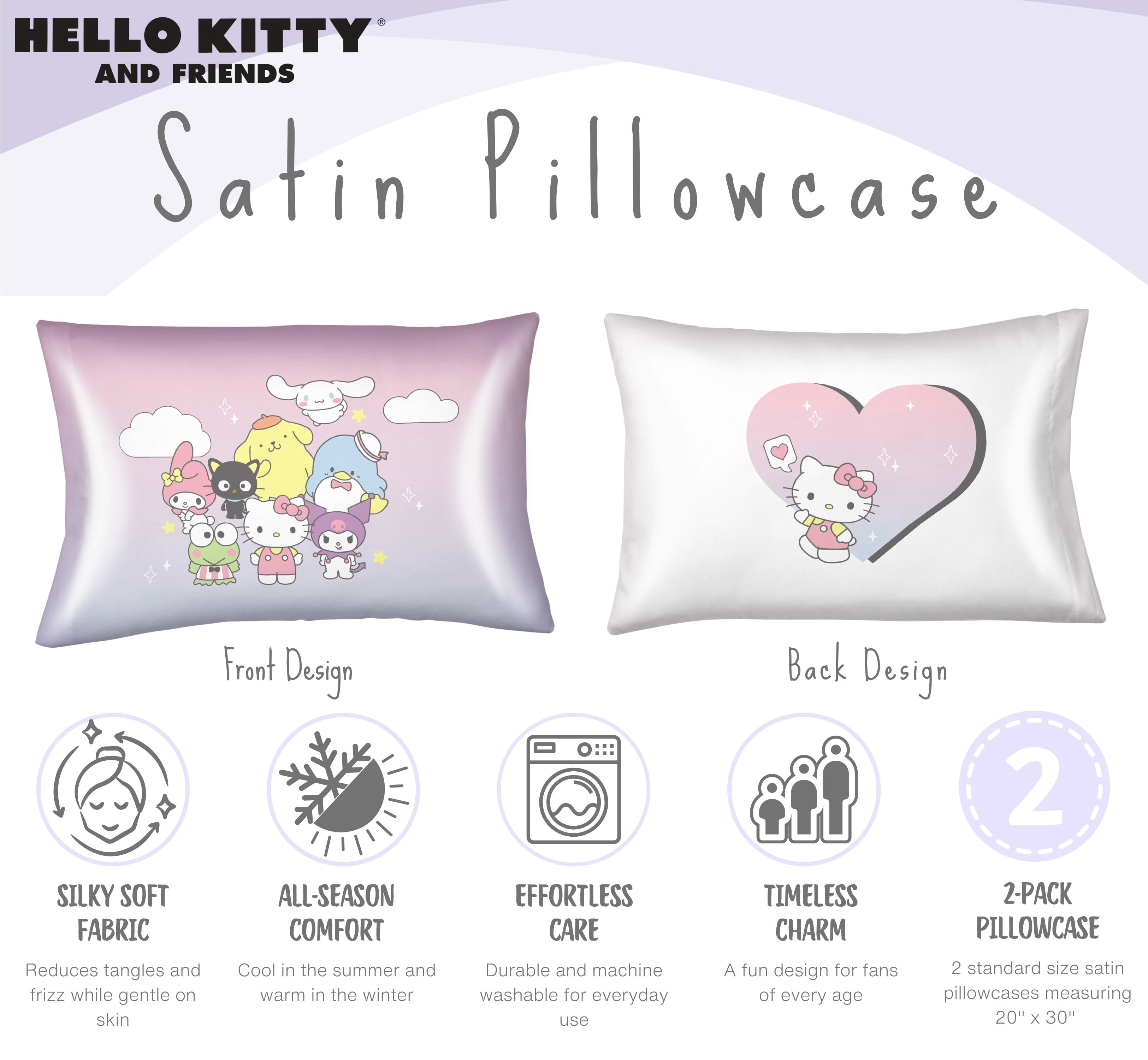 Hello Kitty and Friends Pink White Reversible Silky Satin Pillowcase, Standard Size, 2-Pack