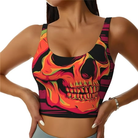 Qokaie Skull And Flag Usa Pattern Womens Scoop Neck Sports Bra Breathable Workout Vest Padded U Back Medium Impact Fitness Gym Yoga Bra Workout Crop Top-XX-Large