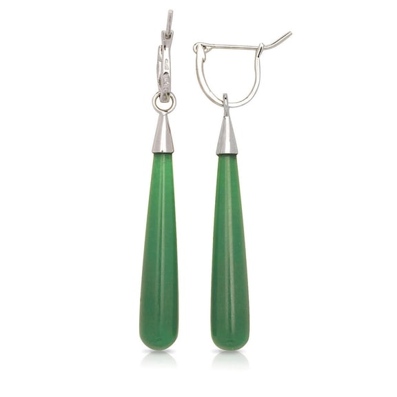925 Sterling Silver Rhodium Plated Long Tear-drop Green Dyed Jade Dangle Earrings 7mm x 52mm Dangle Earring for Women