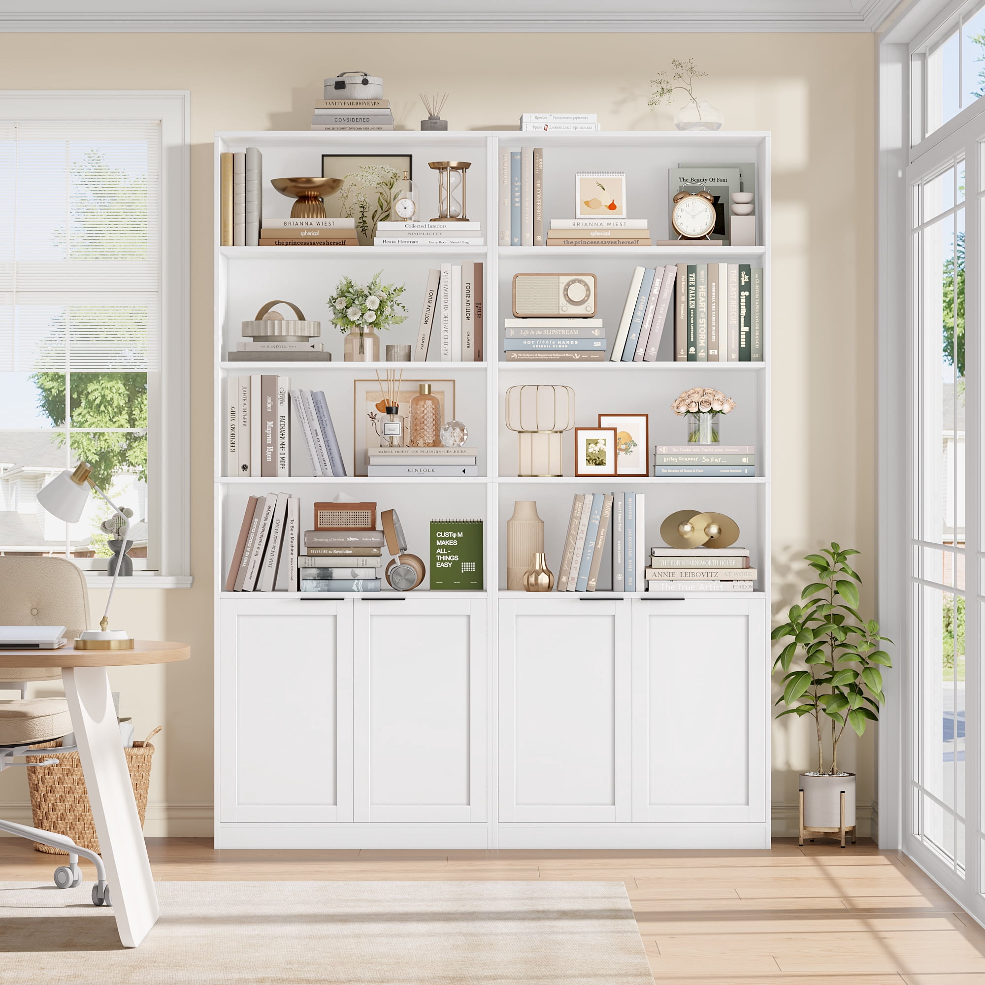 Hiphuta 73" Tall 6-Tier Bookcase with Cabinet, 26" Wide Minimalist Single Row Bookshelf with 2 Doors and 4 Open Shelves, for Office Living Room, White