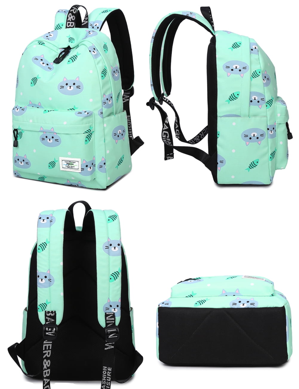 Mygreen Kids Backpack for Girls, Waterproof Teens Bookbag Cute School Backpacks, Fish and Cat Pattern Green