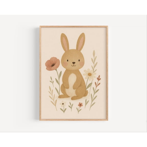 Bunny With Flowers Nursery Poster: Boho Woodland Wall Art, Unframed Poster Size 24x36