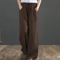 thumbnail image 2 of Womens Drawstring Cotton Linen Pants Solid Elastic High Waist Wide Leg Pants with Pockets Causal Lounge Pants Vacation Beach(S,Coffee), 2 of 5