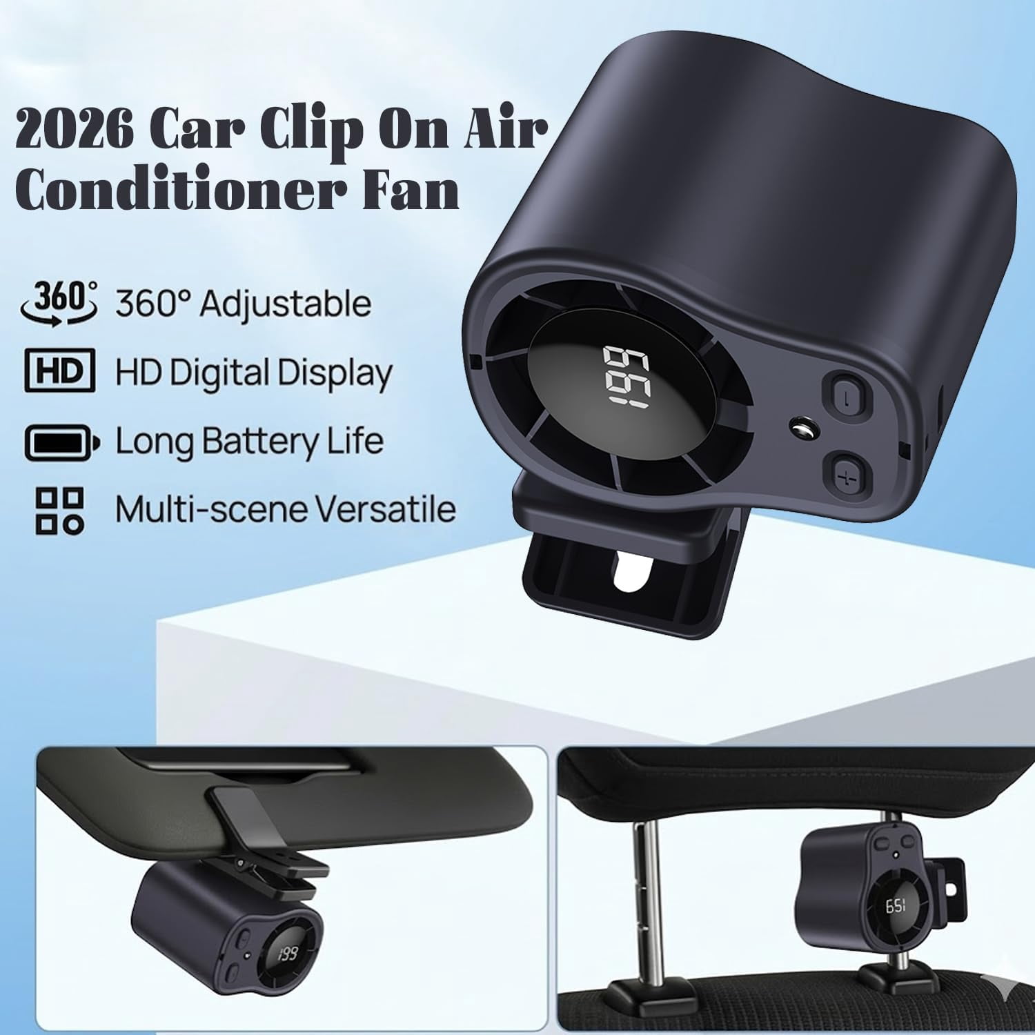 2026 Car Clip on Air Conditioner Fan with LED Display - 360° Rotation, Portable USB Rechargeable Personal Fan, Hands-Free Clip on Fan for Cars, Work, Camping