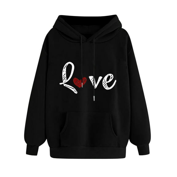 Oalirro Drawstring Hoodies for Women Causal Winter Long Sleeve Cute Heart Sweatshirt Valentine's Day Top for Spring, Black