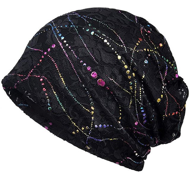 Hotfix Rhinestone Embossed Lace Beanie Hat, Solid Color Trendy Skull Cap, Lightweight Casual Hair Accessories For Women