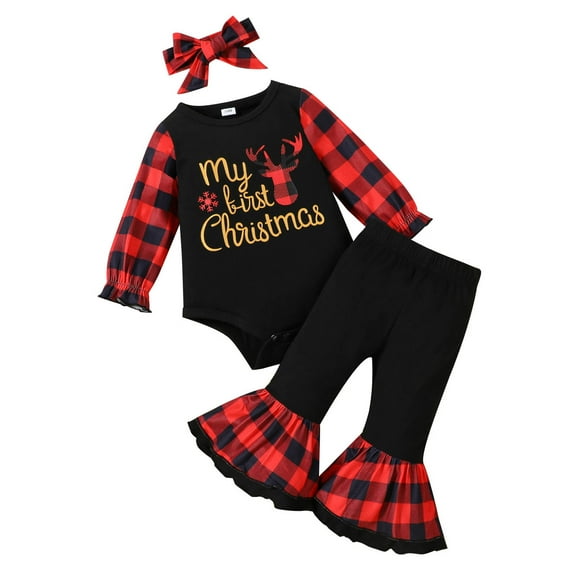 MIXUE Newborn Girls Outfit Sets Long Sleeve Christmas Day Letters Romper   Plaid Prints Pants 2 Piece Infant Girls Outfits