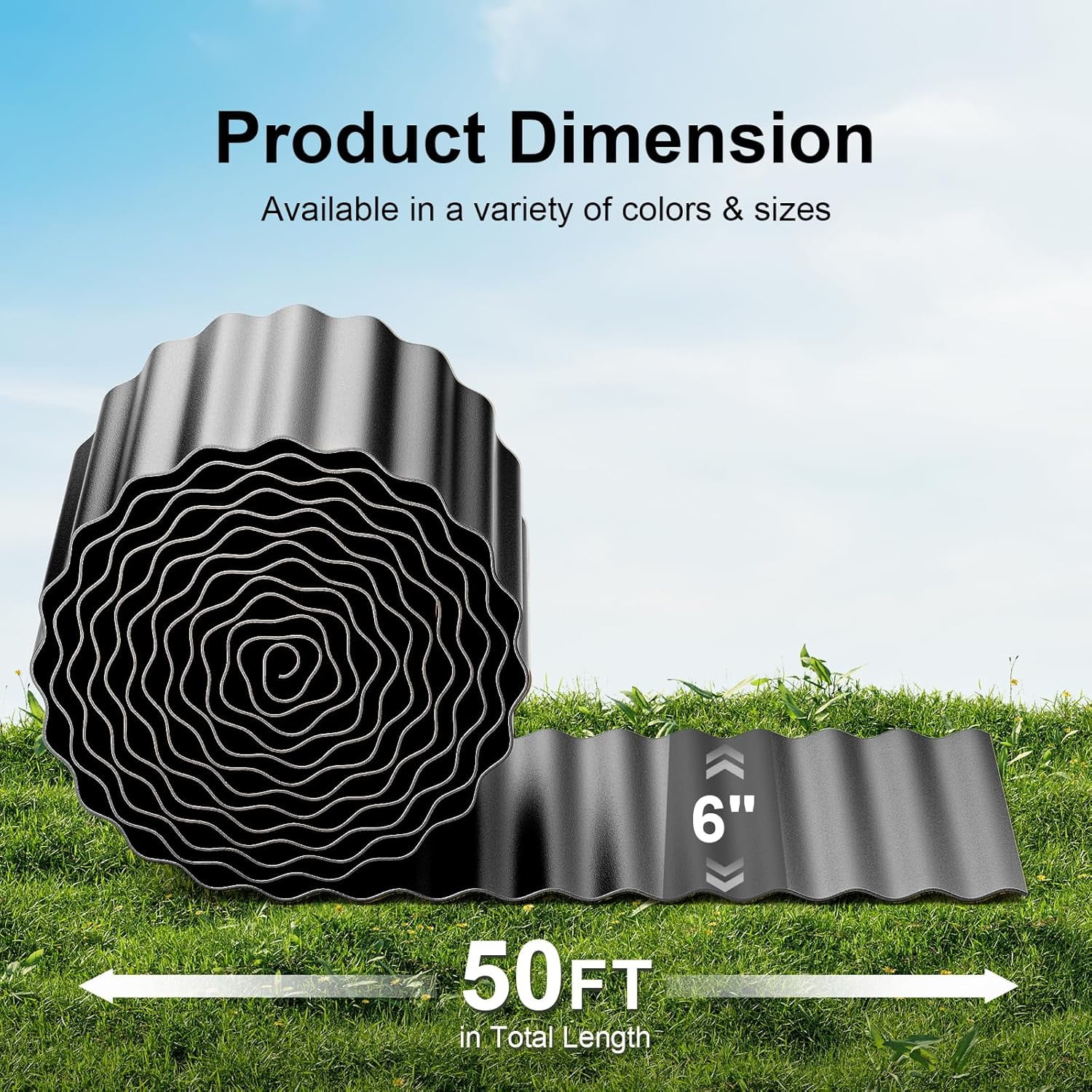 Land Guard Corrugated Garden Edging Border, 10" x 50' Landscape Paver Edging, Tall Landscape Edging, Fence for Garden, Flower Bed, Lawn and Landscape Edging (Glossy Black)