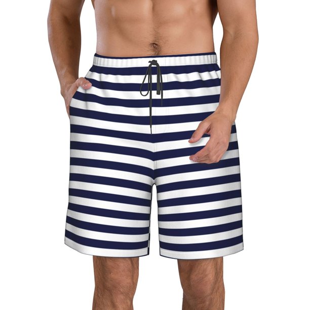 Fotbe Navy Blue And White Stripes Trajes de Baño Estampados para Hombre, Shorts de Verano de Secado Rápido, Ropa de Playa, Bañadores-Medium
