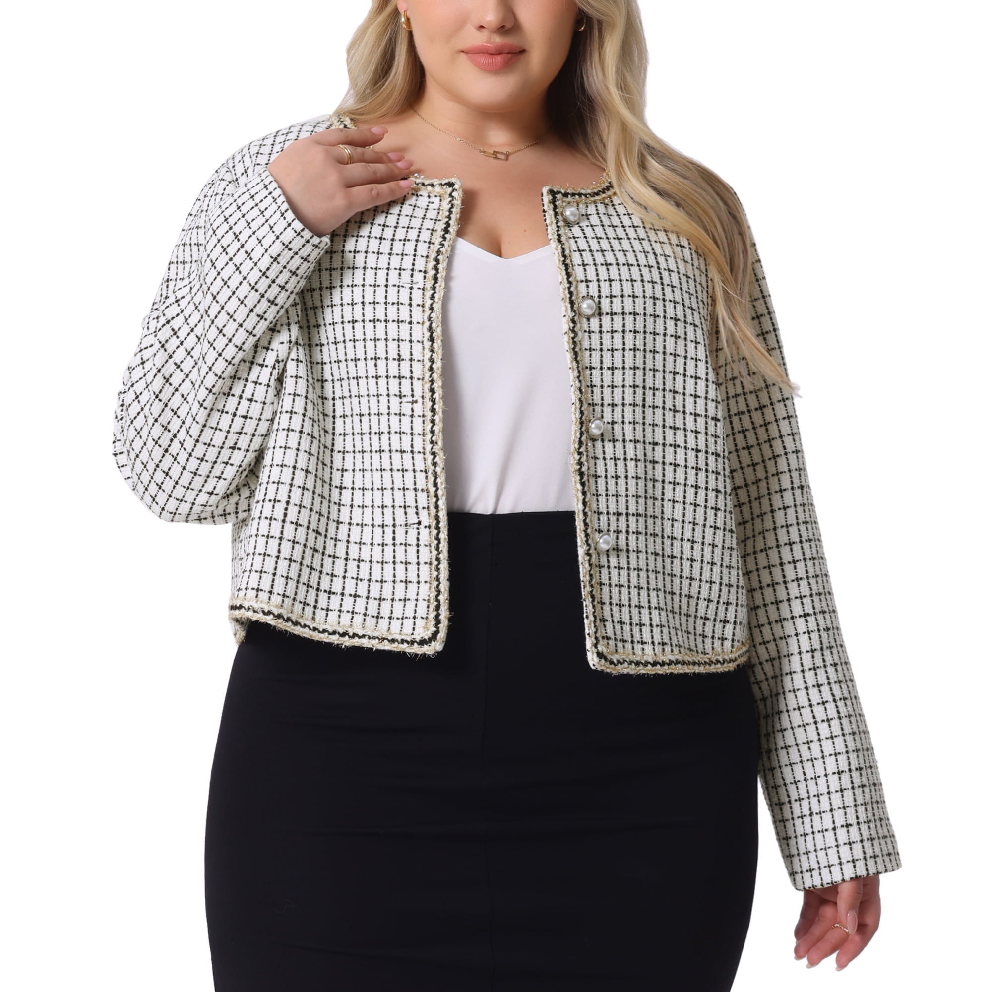 DARING DIVA Plus Size Plaid Tweed Blazer Collarless Open Front Jacket 2X White