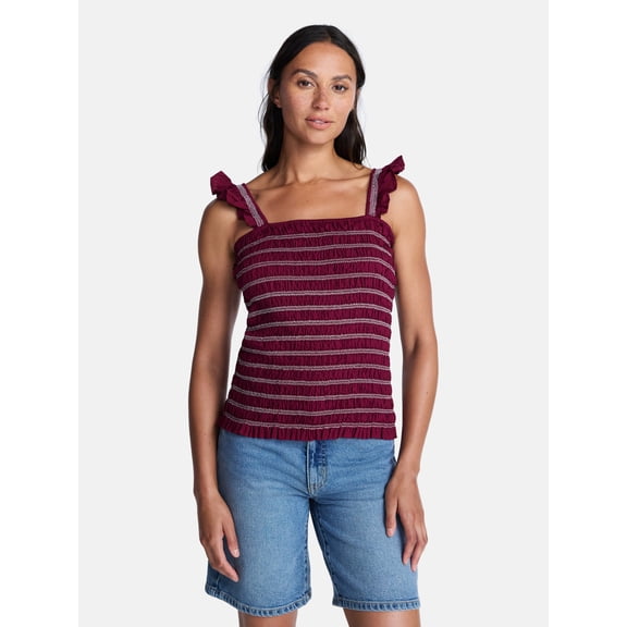 Time and Tru Women's Smocked Cotton Tank Top with Ruffle Straps, Sizes XS-XXXL