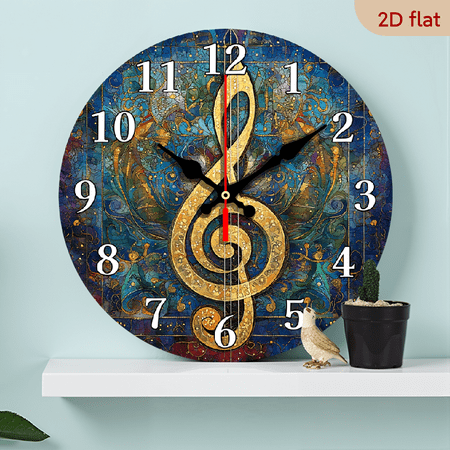 2D Flat 1pc 10Inch Modern Music-Themed Silent Non-Ticking Wall Clock with Golden-Tone Treble Clef Musical Notes - Large Easy-Read Black Hands, Durable Wood Construction for