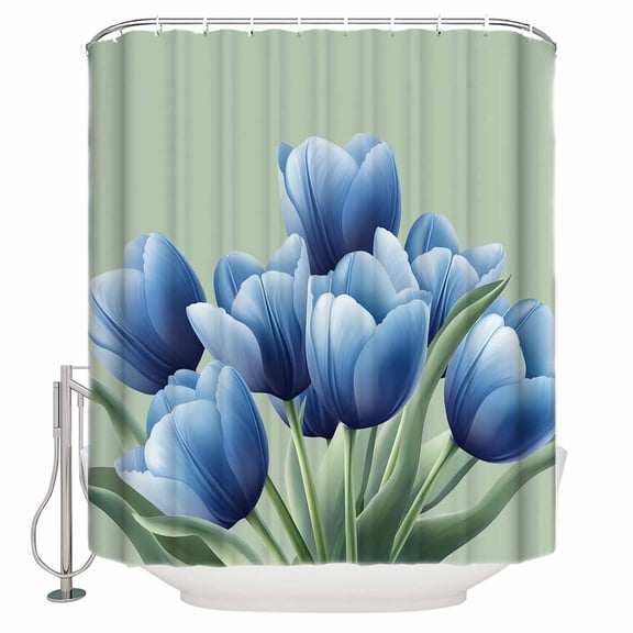 Navy Blue Tulip Bathroom Shower Curtains with 12 Hooks Polyester Waterproof Shower Curtain for Stalls and Bathtubs Chic Elegant Flowers Botanical Sage Green Decorative Bathroom Curtain 36x72 Inches