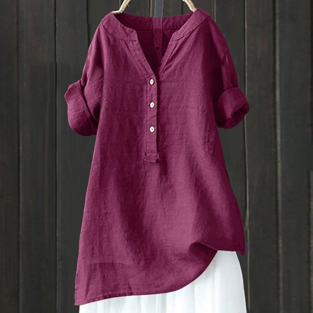 MKLEKYY Playeras Mujer Algodon Camisas Para Mujer, Botones, Cuello En V, Manga Larga, Blusas Elegantes De Moda, Ropa Informal Holgada Y Cómoda. Talla XL