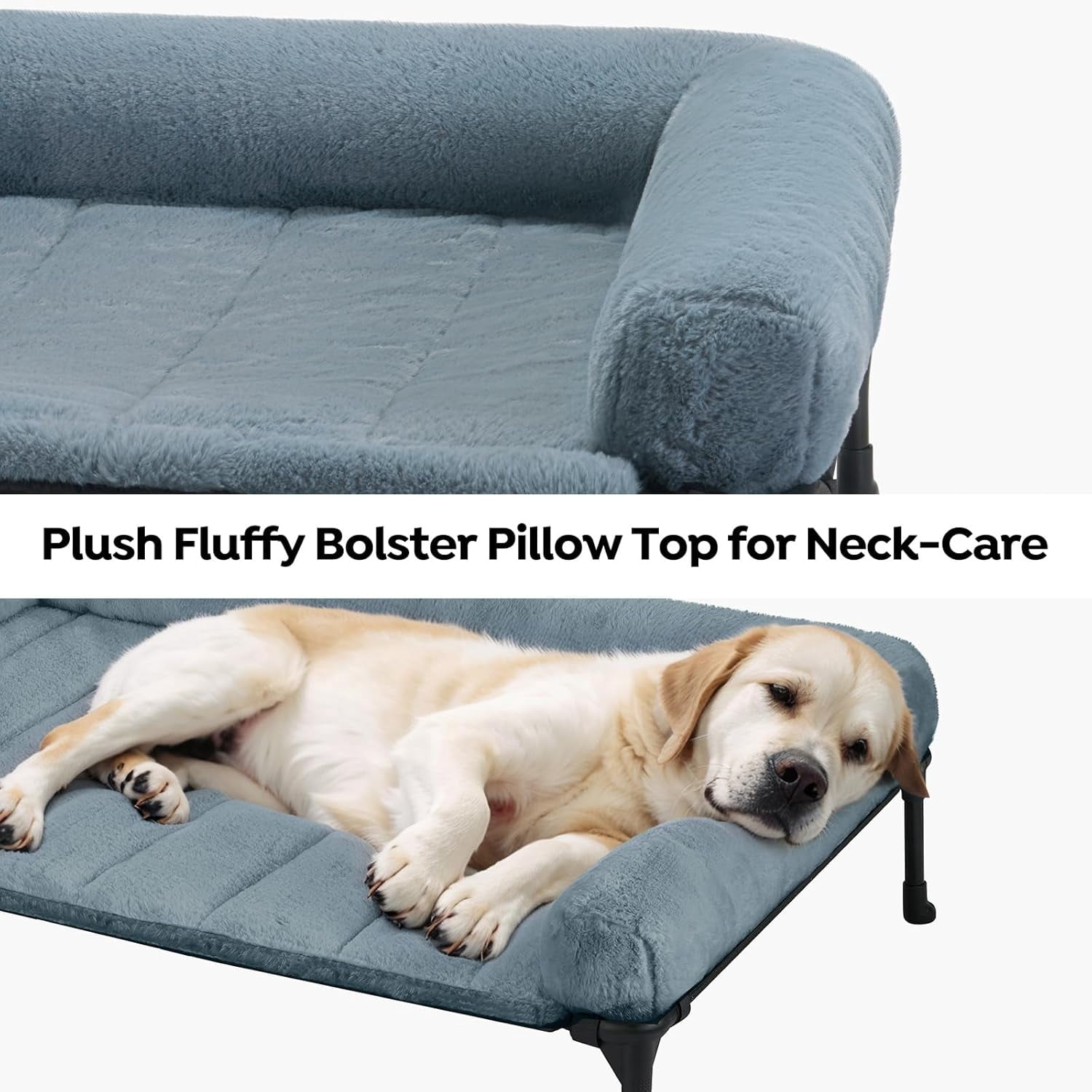Orthopedic Elevated Dog Bed with Fluffy Plush Bolster Cushion, Indoor Raised Dog Beds for Large Dogs, Soft Pet Sofa Cot with Removable Washable Mat, No-Slip Feet, 49 x 33 inches, Cream White