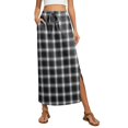 thumbnail image 2 of Women Plaid Print Long Skirts Summer Drawstring Waist Slimming Beach Elastic High Waisted Casual Maxi Skirts Black XL, 2 of 6