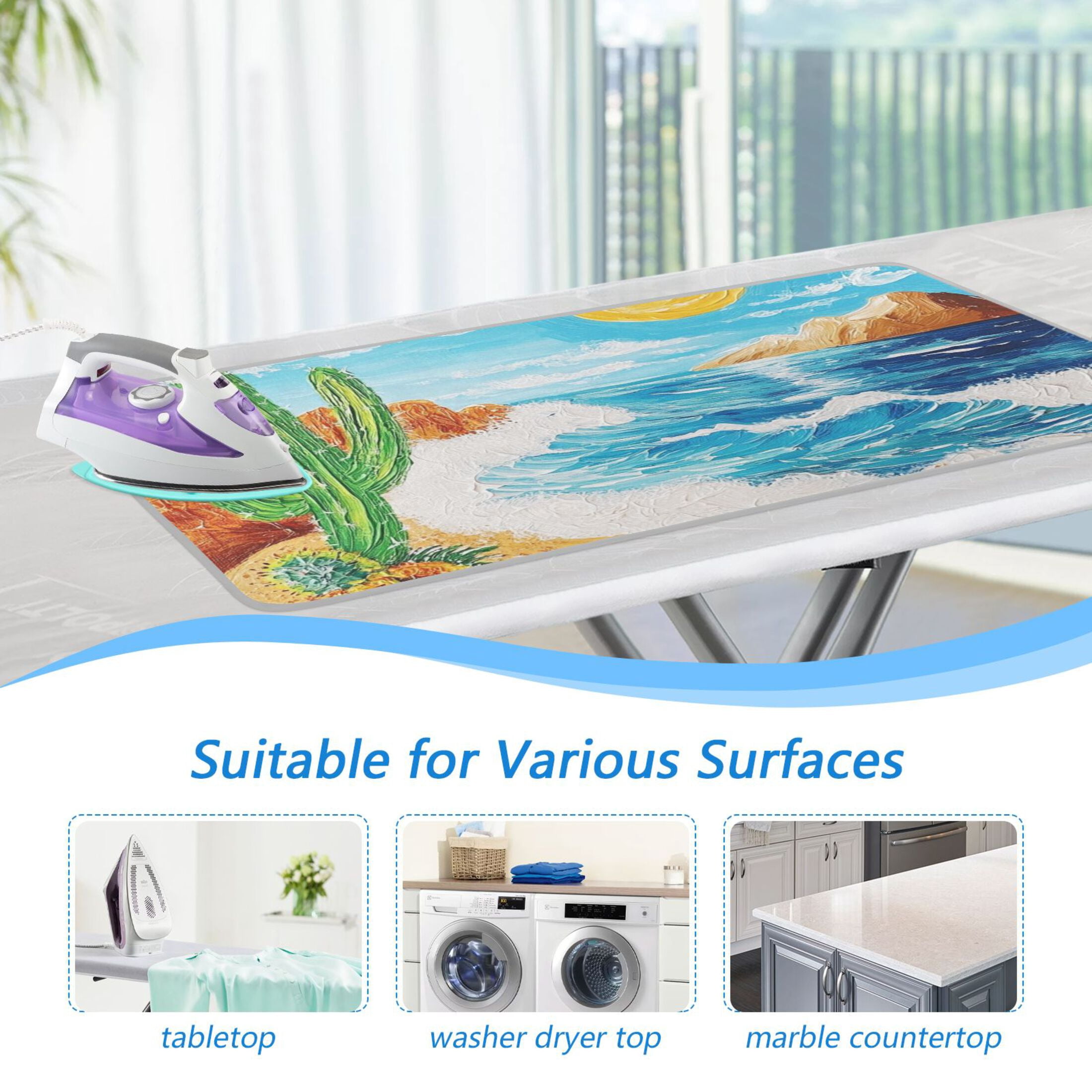 Sun Catcus on Beach Ironing Mat Blanket Portable Travel Ironing Pad Heat Resistant Pad 47.2" x 27.6”