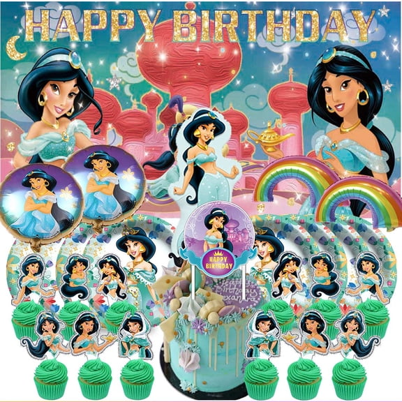 Princess Jasmine Party Supplies Decor Tableware Backdrop Banner Cake Topper Balloons Birthday Decorations