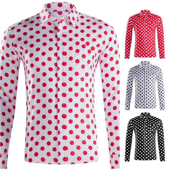 LIIPEE Polka Dot Printed Shirt For Men Long Sleeve Turn Down Collar Button Up Shirts Male Comfortable Breathable Everyday Tops,L