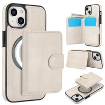 for iPhone 15 Case, Compatible with MagSafe, Detachable Magnetic Wallet Case with PU Leather Kickstand Card Slots Shockproof Protection 2 In 1 Function Case for iPhone 15, White