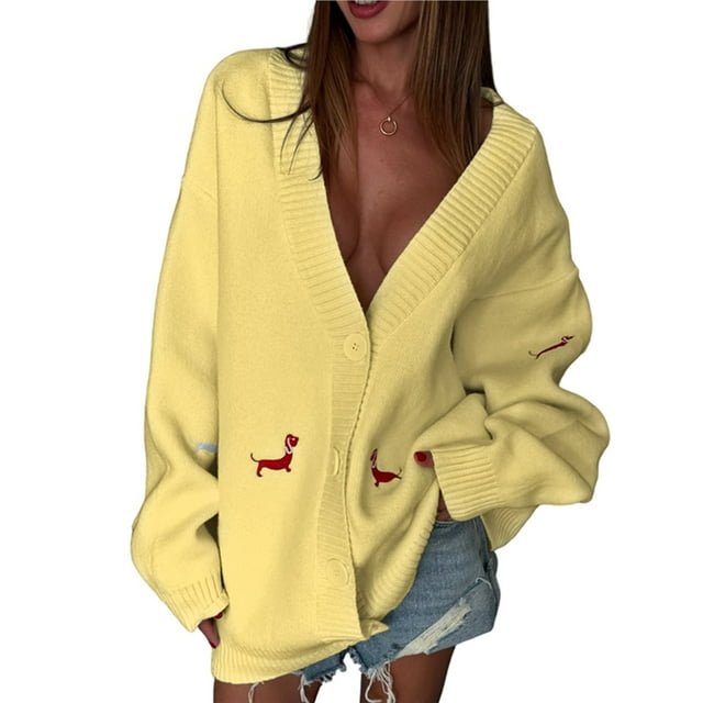 Cárdigan de Punto con Botones y Bordado Gráfico para Mujer, Cuello en V, Cómodo y Divertido, Ideal para Otoño Amarillo L